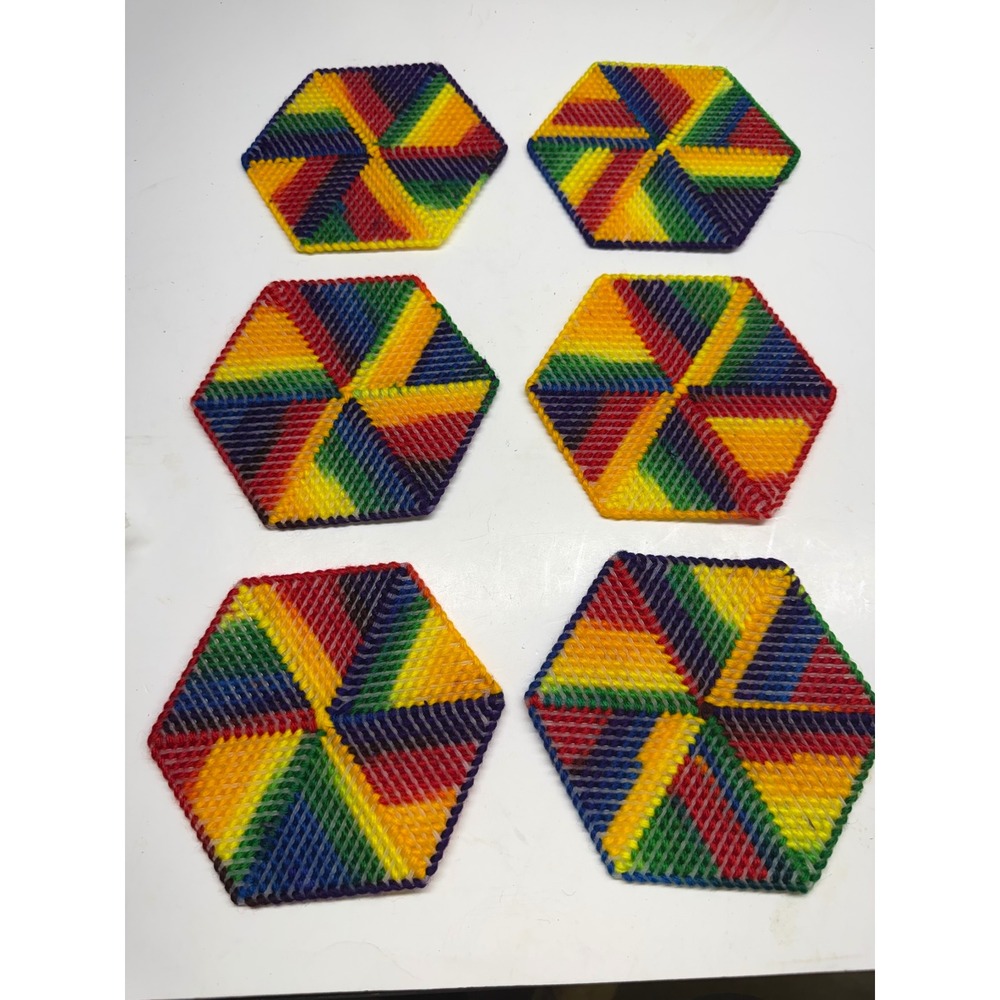 Vintage Handmade Rainbow Plastic Canvas Coasters Set of 6 Hexagon Pinwheel Pride
